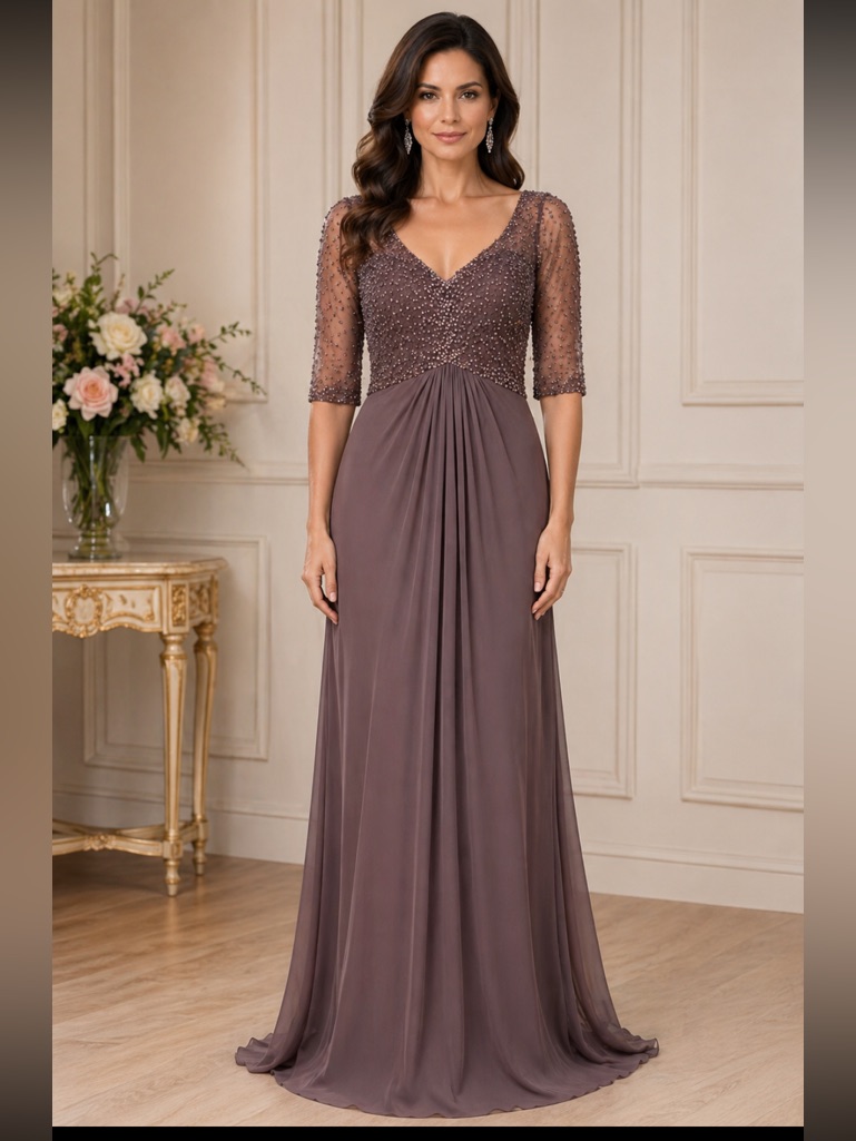 Cameron Blake Jewels Bodice V-Neck Front And Back Empire Waist Long Gown